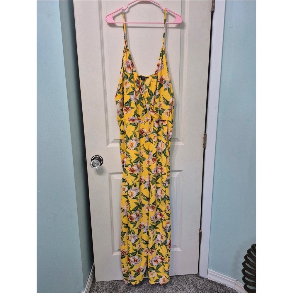 Toxik3 Womens Yellow Floral Tropical Wide Leg Jumpsuit Size 3X Plus Summer Wrap